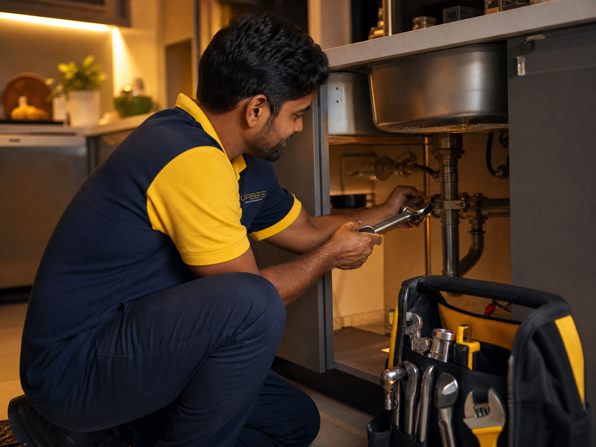 Aadhaar-verified Urbee Home Services professional repairing a kitchen pipe