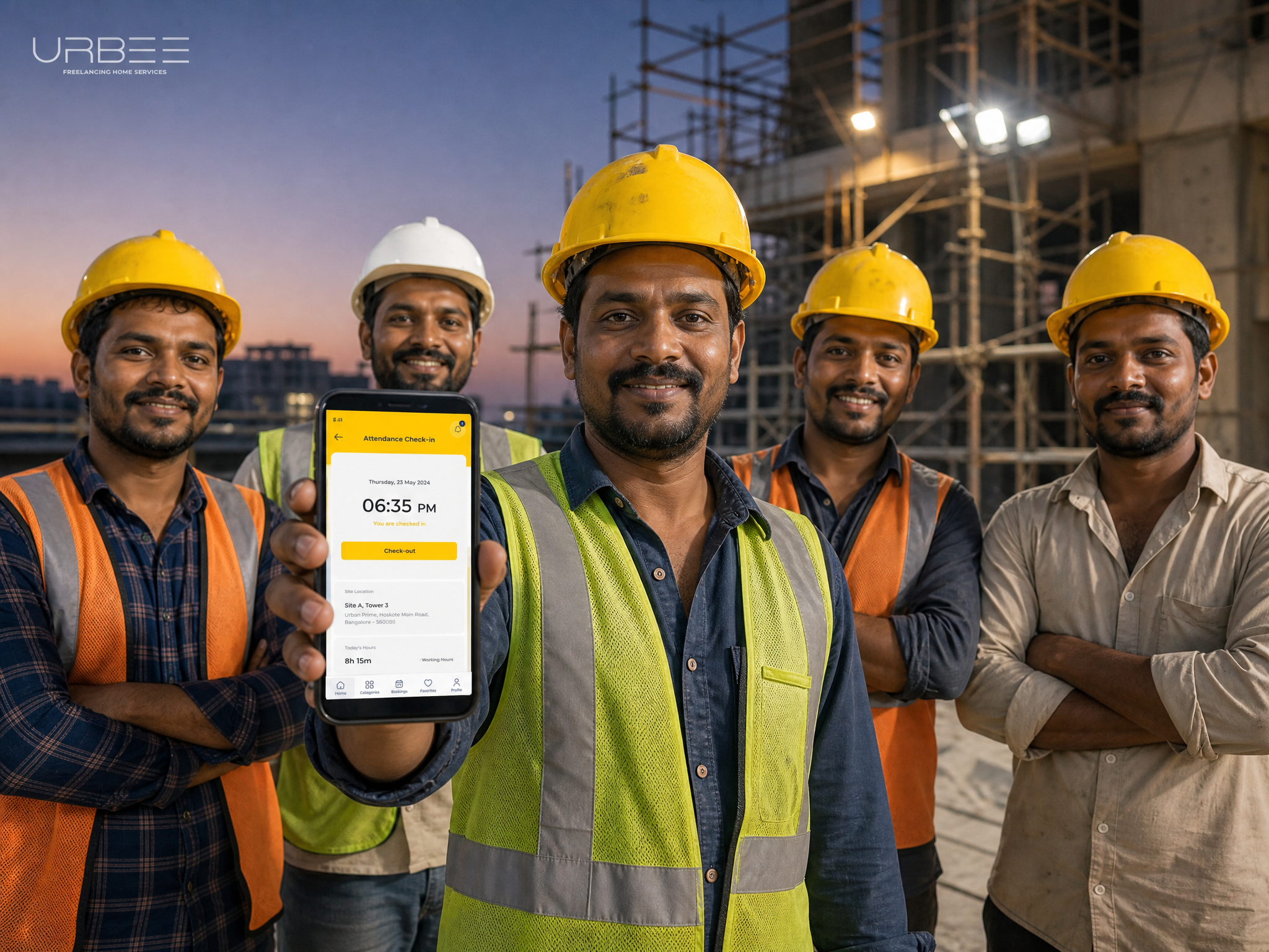 Construction crew checking in with the Urbee Workforze app on site